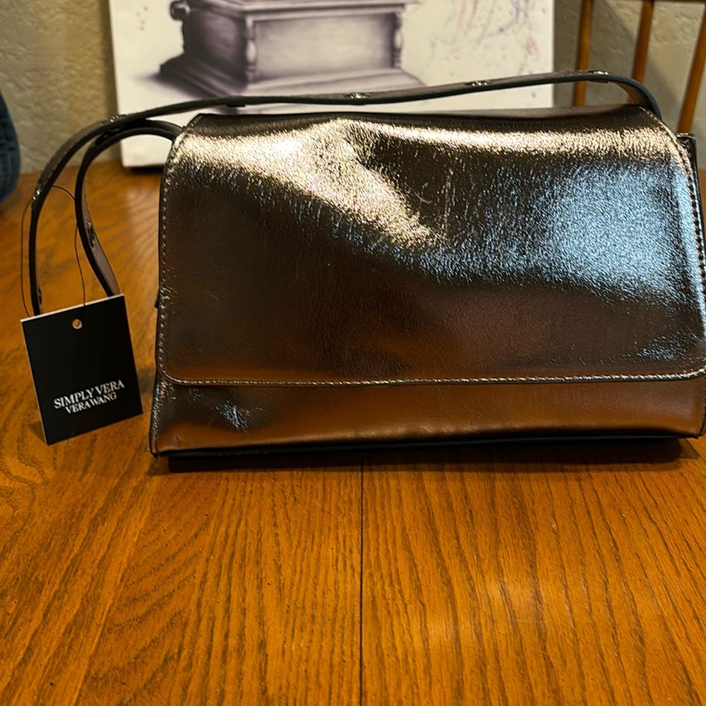 NWT VERA WANG Alia Geo Flap Shoulder Bag. Vegan Leather in Gunmetal color.